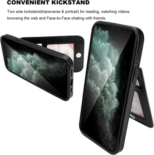 Vista 5 de KIHUWEY - Funda tipo cartera para iPhone 12 Pro Max, soporte para tarjetas, color negro Ranuras para tarjetas de crédito, piel sintética, cierre