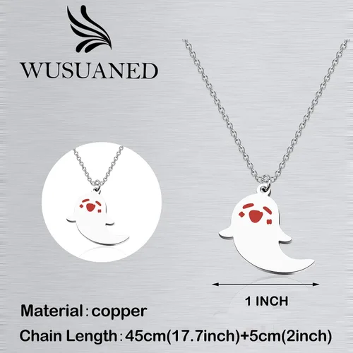 Vista 2 de WUSUANED Lindo collar de fantasma Hu Tao con forma de fantasma, joyería de Halloween, cosplay, regalos para los amantes del anime del juego, Acero