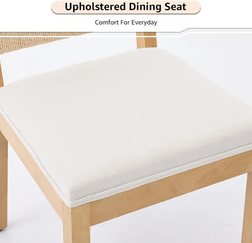 Vista 5 de ODUSE-DAILY Juego de 2 sillas de comedor French Country color beige, sillas de comedor de madera bohemia con respaldo tejido y asiento tapizado