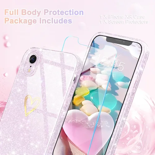 Vista 2 de Funda para iPhone XR, con [1 protector de pantalla de vidrio templado] [purpurina transparente] bonita funda de teléfono brillante a prueba