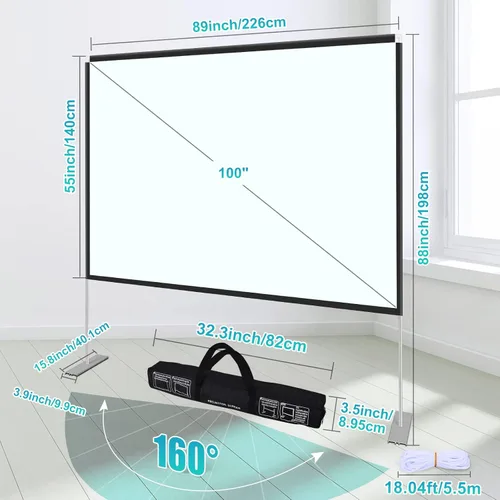 Vista 2 de Pantalla y soporte de proyector de 100 pulgadas, pantalla de proyector portátil 4K HD, pantalla de proyección frontal trasera con bolsa