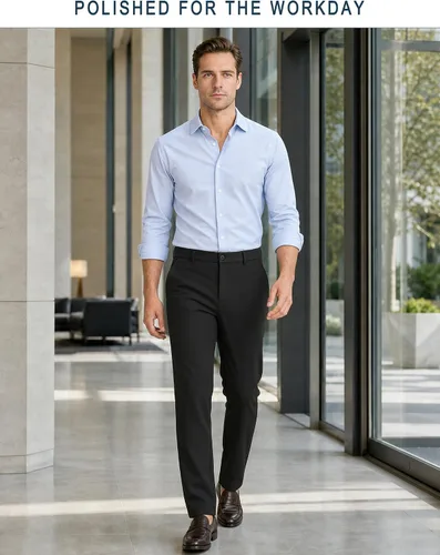 Vista 2 de Plaid&Plain Pantalones de vestir para hombre, elásticos, corte delgado, 4 direcciones de flexibilidad 7603# Negro