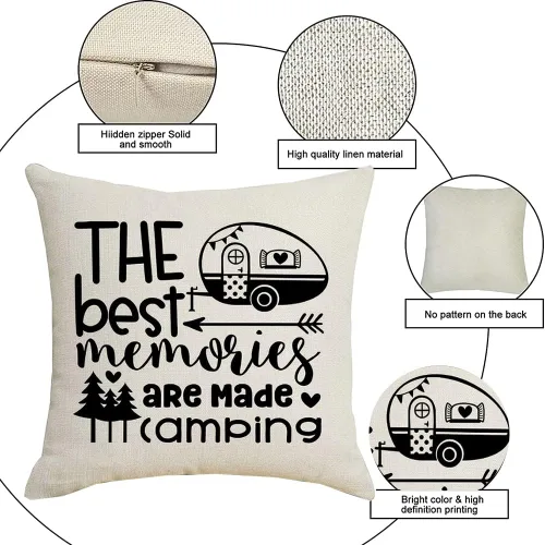 Vista 2 de Fundas de almohada de lino y algodón con texto en inglés "The Best Memories are Makes" (Los mejores recuerdos están hechos) de lino y algodón, 18 x
