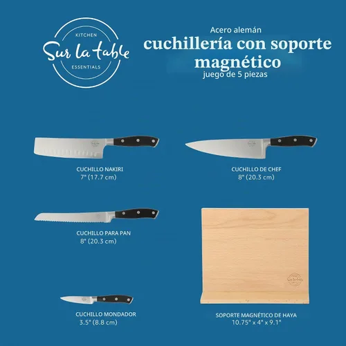 Vista 2 de Sur La Table Kitchen Essentials - Juego de 5 piezas de cuchillos de acero alemán con mango triple remachado en bloque magnético de madera de haya
