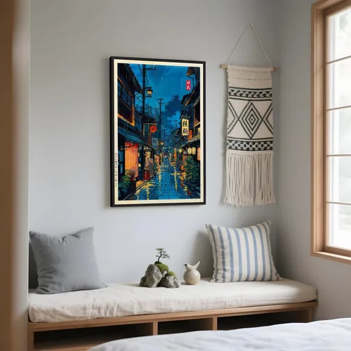 Vista 7 de Póster de arte de pared de casa de té japonesa de Tokio, arte callejero nocturno de Kioto, impresión en lienzo, ilustración retro japonesa
