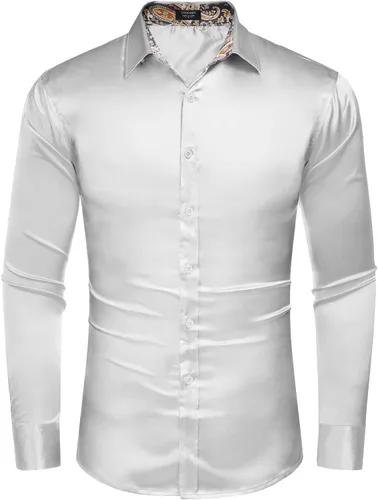 Vista 2 de COOFANDY Camisas de vestir de satén para hombre, casual, manga larga, floral, con botones, casual, de seda, ajustadas, para boda, graduación