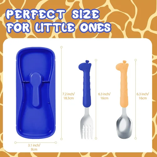 Vista 4 de lohodo Juego de cubiertos de acero inoxidable 18/8 sin BPA, color azul y amarillo, con funda de viaje para niños de 3 años en adelante
