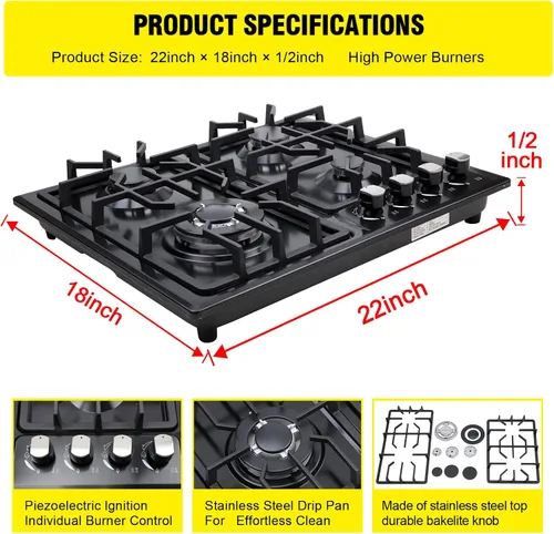 Vista 2 de FORIMO Placa de cocina de gas de 22 pulgadas, estufa de gas integrada de 4 quemadores de acero inoxidable con kit de conversión de GN/LPG