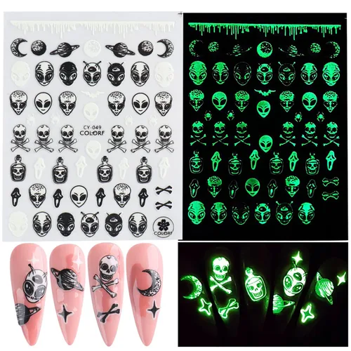 Vista 3 de Calcomanías de arte de uñas alienígenas, astronauta, tierra, luna, estrella, ovni ojos de cohete, diseños de calcomanías autoadhesivas para uñas