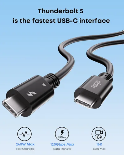 Vista 2 de Cable Thunderbolt 5, cable USB C de 3.3 pies con certificación Intel, carga rápida de 240 W, ancho de banda de hasta 120 Gbps, pantallas de 16 K/8K