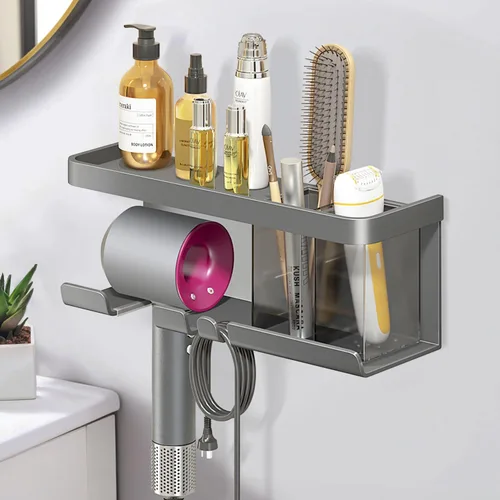 Vista 10 de Soporte para secador de pelo, organizador de secador de pelo, soporte para secadora de pelo, montado en la pared con estante para baño, salón, Negro