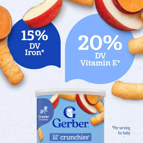 Vista 5 de Gerber Stage 3 Snacks de comida para bebés, Apple Sweet Potato Lil' Crunchies, Snacks para bebés, Alimentación guiada por el bebé, Pack de 6