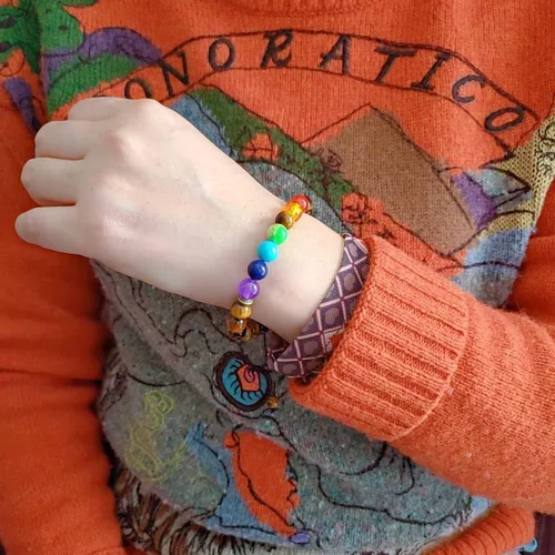 Vista 3 de Brazalete GelConnie de piedras de lava, 7 chakras, 0.32 pulgadas, piedra natural, para curación, alivio del estrés, yoga, ansiedad, aromaterapia
