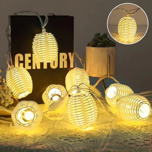 Vista 10 de Vigdur Luces de Cadena de Bolas de Ratán, Luces de Cadena de Linterna Boho con 10 Bombillas LED Conectables, Luces de Cadena para Interiores