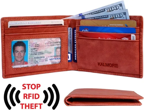 Vista 3 de KALMOR Cartera de bolsillo plegable de cuero para hombre con bloqueo RFID extra delgada con ventana de identificación