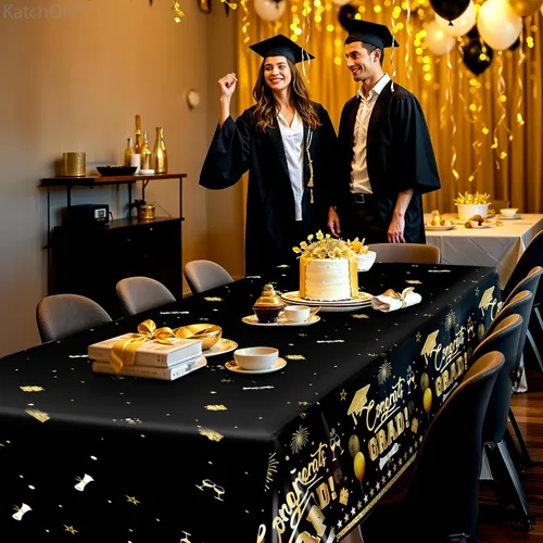 Vista 7 de KatchOn Mantel de graduación extragrande de 54 x 108 pulgadas, paquete de 3, decoraciones de graduación 2026, mantel de graduación negro y dorado