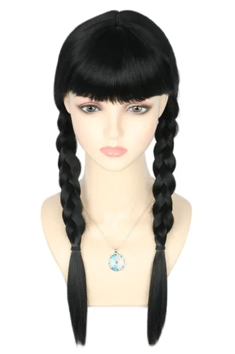 Vista 14 de Peluca negra de doble trenza, pelucas de cosplay de anime para peluca de disfraz de Halloween