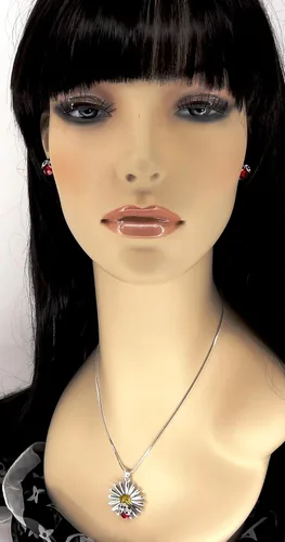 Vista 2 de Hermoso collar y aretes con colgante de mariquita en tono plateado, cadena de 19 pulgadas, joyería de moda en caja de regalo, Diamante de imitación