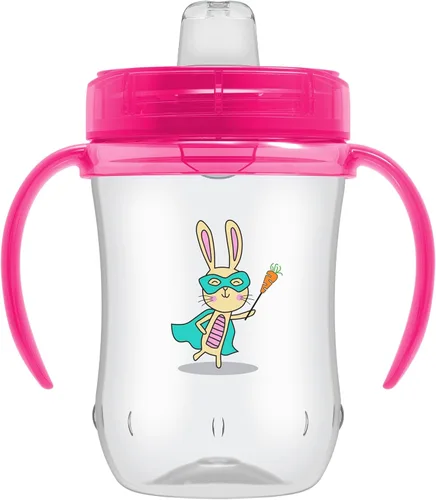 Vista 5 de Dr. Brown's Milestones Vaso de Aprendizaje con Boquilla Suave y Asas, Conejitos Héroes Rosados, Libre de BPA, 9 oz/270 mL, 9m+ Héroe de conejo rosa