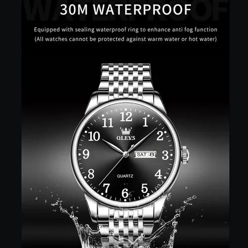 Vista 5 de OLEVS Classic Wrist Watch for Men Water Rain Resistance Mens Watches Black Dress Watches for Men Stainless Steel Leather Quartz Casual Wristwatches