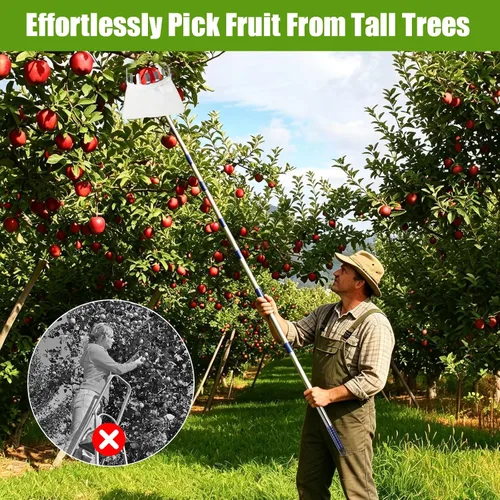 Vista 5 de Fantasyon Recolector de frutas de 13.5 pies con cesta telescópica ajustable para recoger frutas, recogedor de manzanas, recolector de cerezas