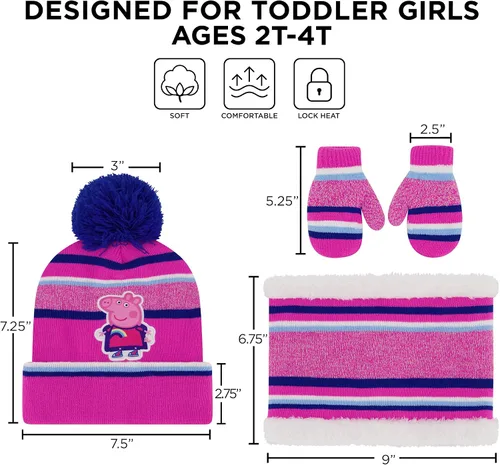 Vista 6 de eOne Conjunto de gorro y manoplas de invierno para niñas gorro de Peppa Pig para niños de 2 a 4 años