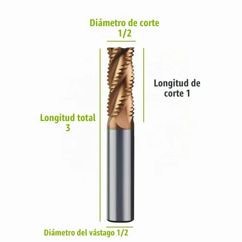 Vista 3 de Fresa de desbaste de carburo de 1/2" - 4 estrías - Diámetro de 1/2" Shk, 7.6 cm Oal - para aleaciones de acero/acero endurecido