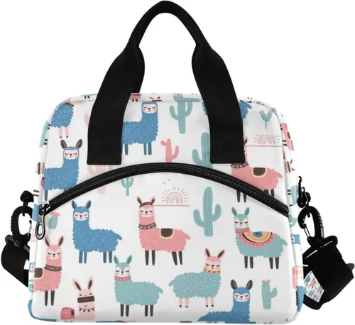 Vista 2 de Bolsas de almuerzo de alpaca con llama para mujer, con plantas tropicales, cactus, bolsa de almuerzo, resistente al agua, térmica, hielera