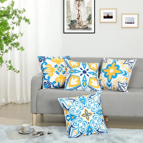 Vista 3 de Drmstow Fundas de almohada azules 18x18 juego de 4 con estampado floral azul y amarillo y estilo rústico moderno para sofá, cama, decoración
