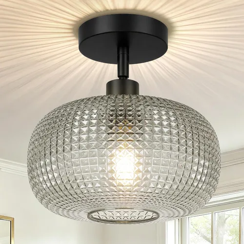 Vista 11 de ROTTOGOON Lámpara de techo semiempotrada, luces de techo inclinadas doradas ajustables con pantalla de vidrio ámbar, modernas lámparas de pasillo