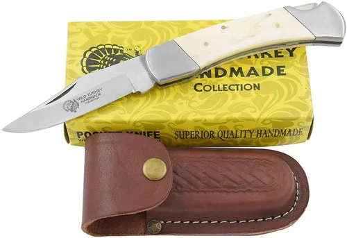 Vista 7 de Collection Everyday Carry Lock Back - Cuchillo plegable manual con funda de cuero, cuchillo de bolsillo liso con mango de hueso de color rojo