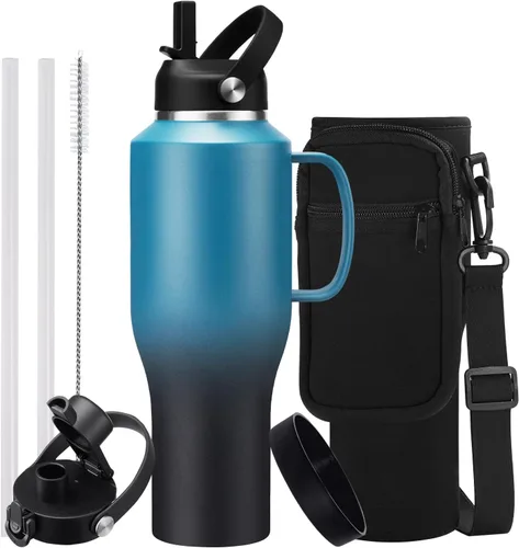 Vista 27 de Botella de agua de acero inoxidable de 32 onzas, frío-48 horas y caliente-24 horas, termo con popote y tapas de boquilla, bolsa, botella aislada al