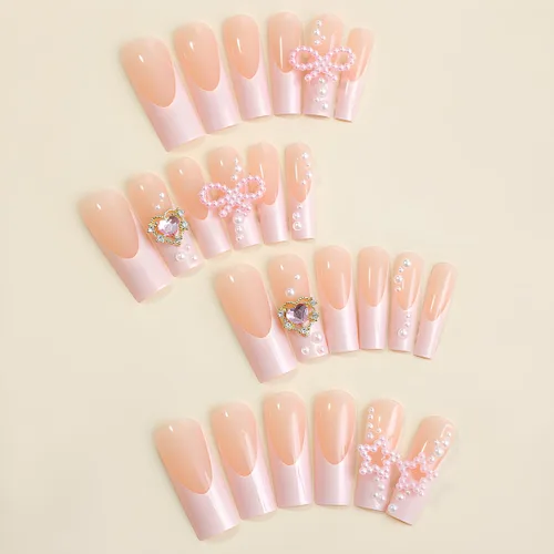 Vista 2 de Uñas postizas francesas a presión con forma de ataúd rosa estrella, diamantes de imitación, diseño brillante, cobertura completa, uñas acrílicas, 24