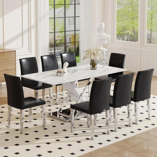 Vista 29 de Juego de mesa de comedor de mármol para mesa rectangular blanca de 6.63 pulgadas con marco de metal plateado en forma de X y 6 sillas de comedor