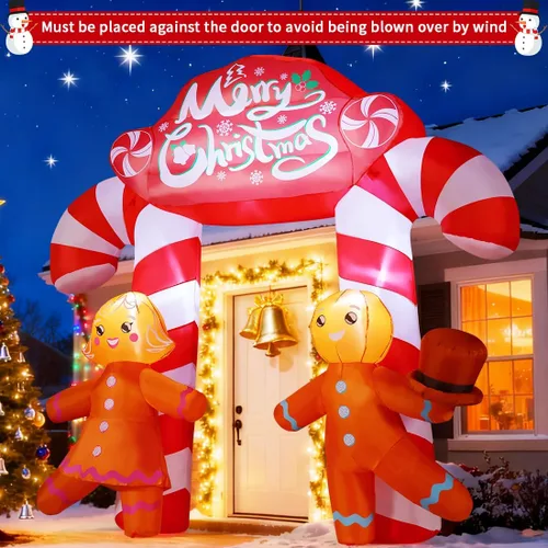 Vista 2 de GOOSH Arco inflable de Navidad de 9.6 pies para decoración al aire libre, bonito arco de bastón de caramelo con pareja de pan de jengibre con LED