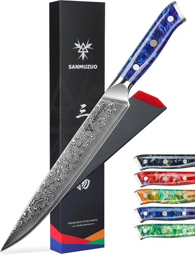 Vista 7 de Cuchillo para cortar carne de acero Damasco VG10 de 9 pulgadas, mango naranja de fantasía de resina
