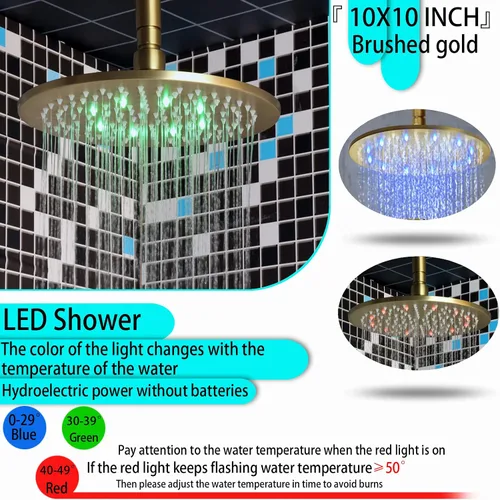 Vista 7 de Cabezal de ducha de lluvia de techo LED redondo de oro cepillado de 10 pulgadas, DULABRAHE termostático para baño, sistema de ducha de lluvia de Oro