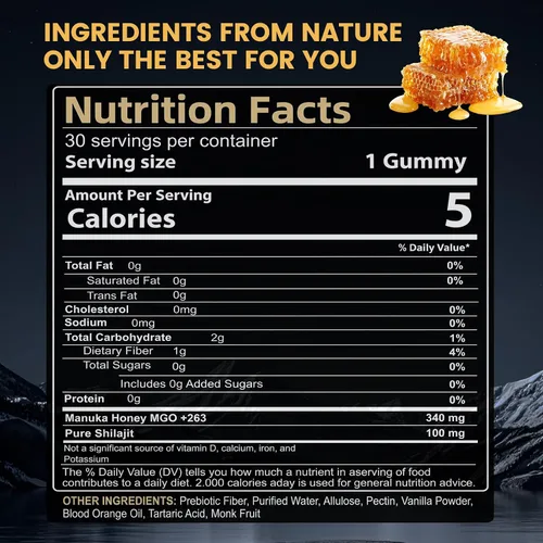 Vista 4 de Gomitas de Shilajit de compuesto primario para hombres, con miel de manuka, fruta de monje orgánica y ácido fúlvico, suplementos de gomitas