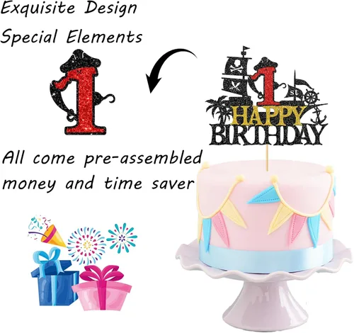 Vista 3 de Decoración para pastel de cumpleaños de 1er cumpleaños, barco pirata náutico de vela para primer cumpleaños, decoración de fiesta de cumpleaños