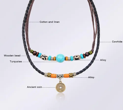 Vista 2 de Beulous Collar de cuero con cuentas de doble capa estilo tribal vintage para hombre y mujer, con colgante para surfista de verano y playa, Cuero, No