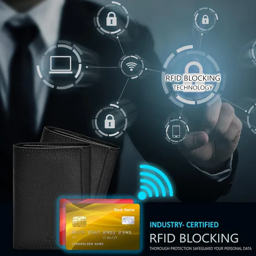 Vista 8 de Carteras RFID delgadas para hombre, billetera triple con bolsillo frontal de cuero genuino, Cartera RFID