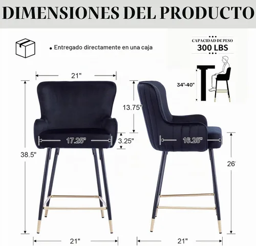 Vista 2 de Juego de 2 taburetes de bar de terciopelo negro de 26 pulgadas, taburetes tapizados dorados con respaldo de ala, taburetes modernos de isla