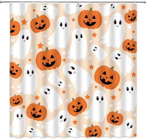 Vista 2 de Bonita cortina de ducha fantasma de Halloween, calabaza espeluznante, divertida tela de dibujos animados para decoración de baño, bañera con ganchos
