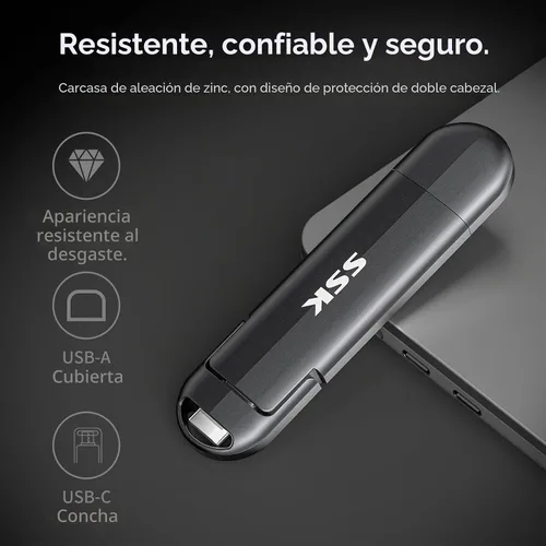 Vista 6 de SSK Unidad SSD externa de 128 GB de hasta 550 MB/s Dual USB C+A 3. 2