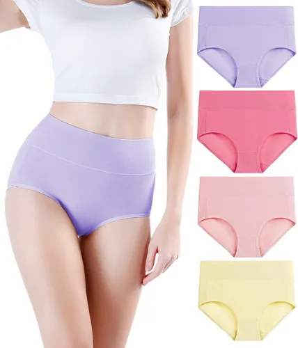 Vista 14 de wirarpa Ropa interior de algodón para mujer, de cintura alta, cobertura completa, paquete de 4 unidades (talla regular y grande)