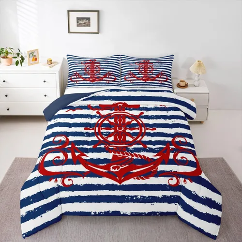 Vista 8 de Erosebridal Juego de edredón de ancla náutica, juego de ropa de cama con brújula oceánica, tamaño individual para niños, adolescentes y adultos