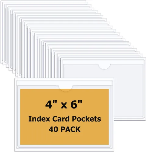 Vista 9 de 40 PCS Index Card Pockets, Self Adhesive Card Pockets 3"X5" with Top Open, Clear Label Pockets for Storage Bins, Plastic Labels Holders for