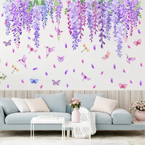 Vista 8 de Calcomanías de pared de flores moradas de acuarela, calcomanías de ventana