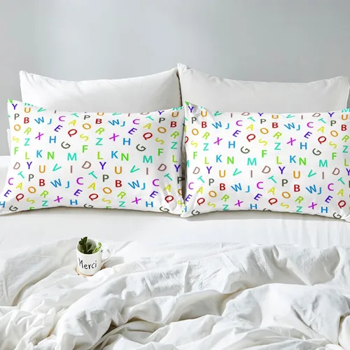 Vista 4 de Feelyou Juego de ropa de cama con alfabeto 3D, juego de sábanas coloridas del alfabeto inglés para niños y adultos, sábanas de dibujos animados