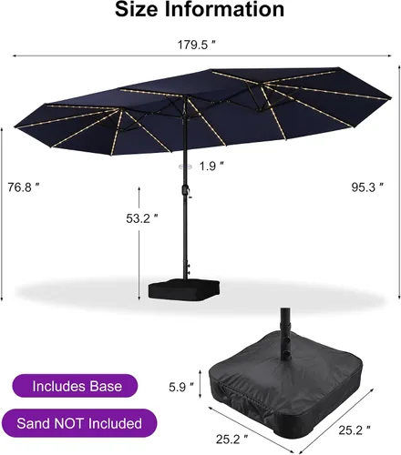 Vista 123 de PURPLE LEAF - Sombrilla de mercado de patio de 13 pies con base rectangular doble cara, sombrilla de mesa para exteriores con manivela, 12 varillas